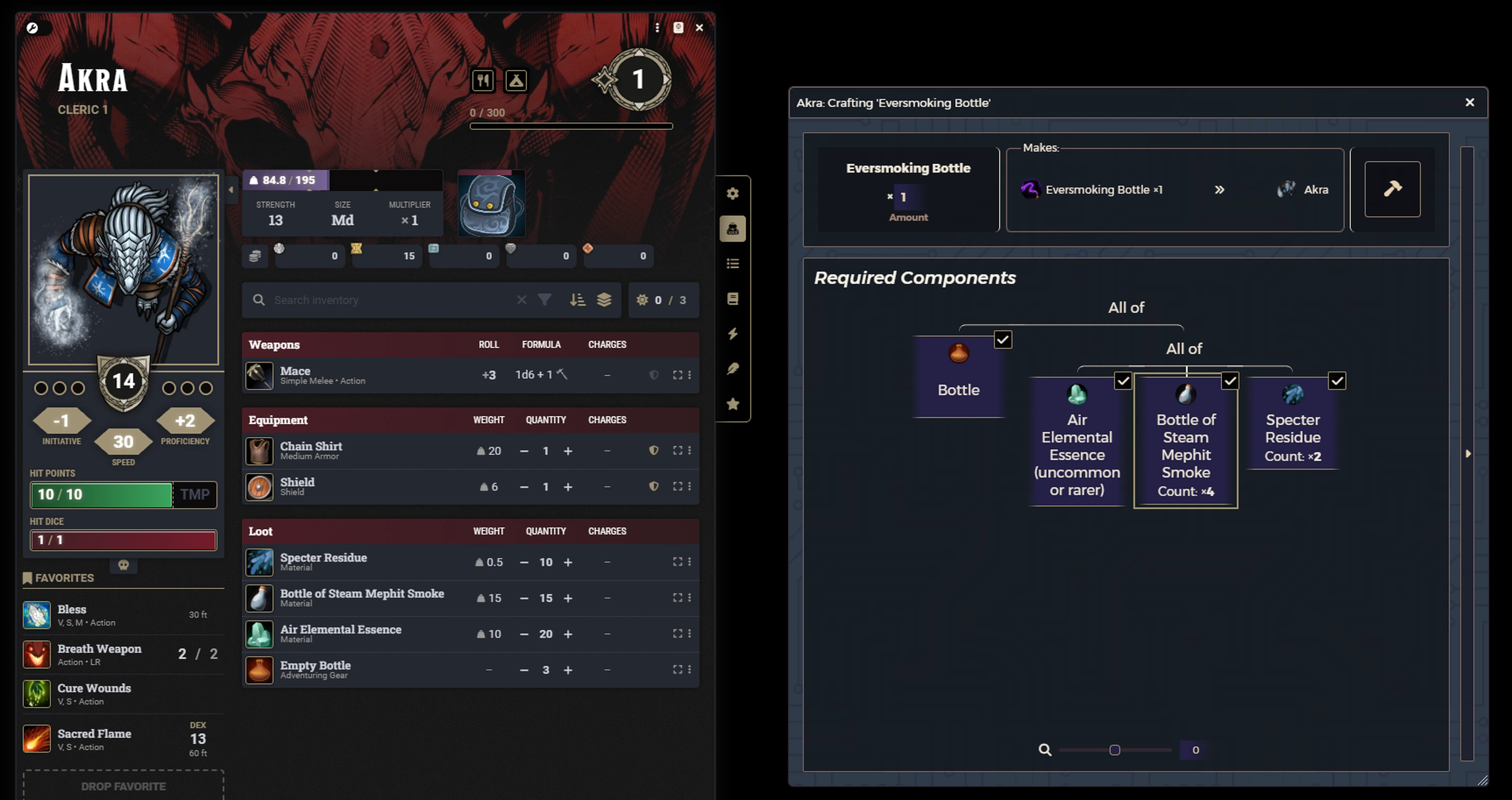 The crafting interface allows for slotting in items to be consumed in the crafting process.