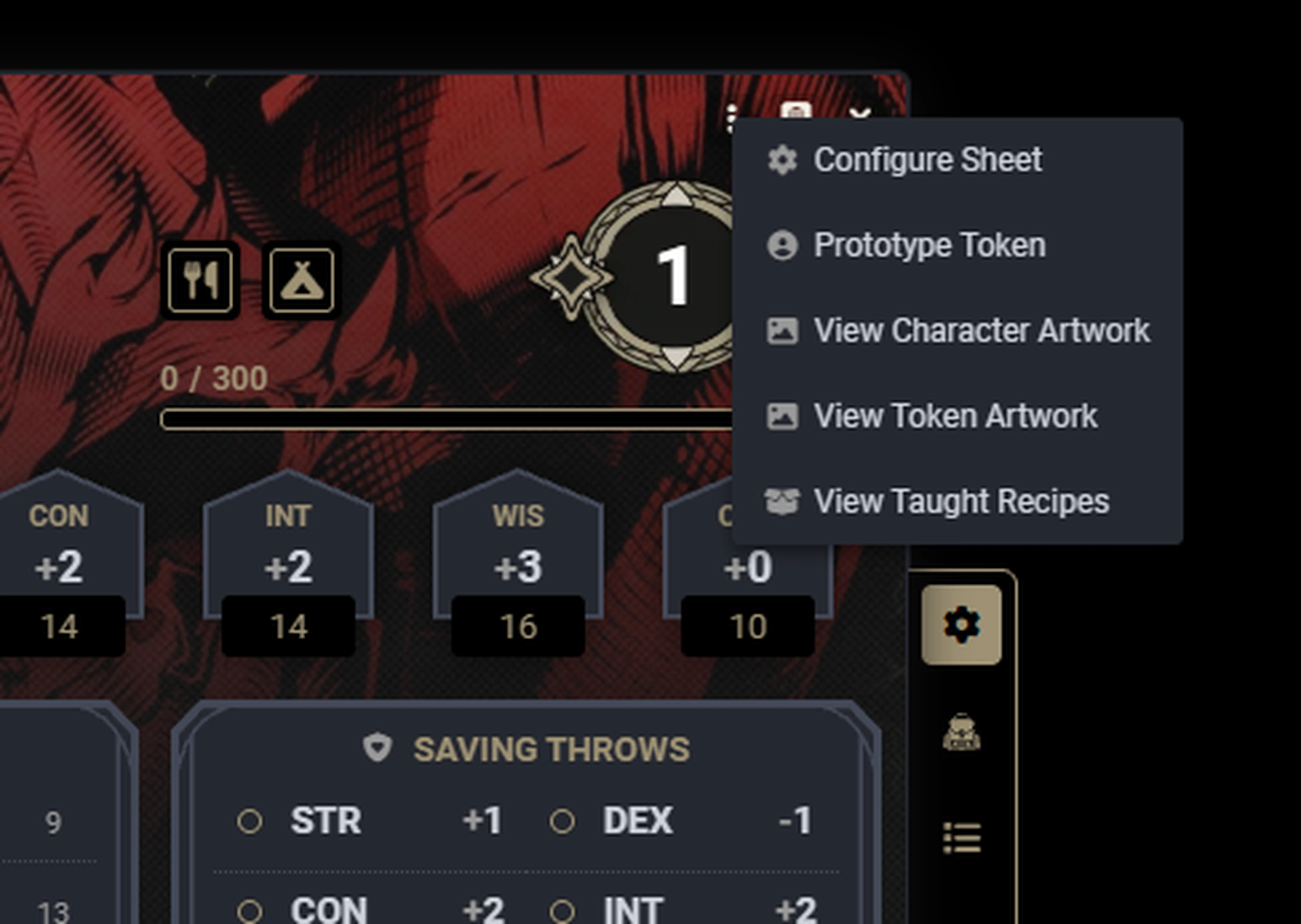The taught recipes can be accessed through the header menu of the actor sheet.