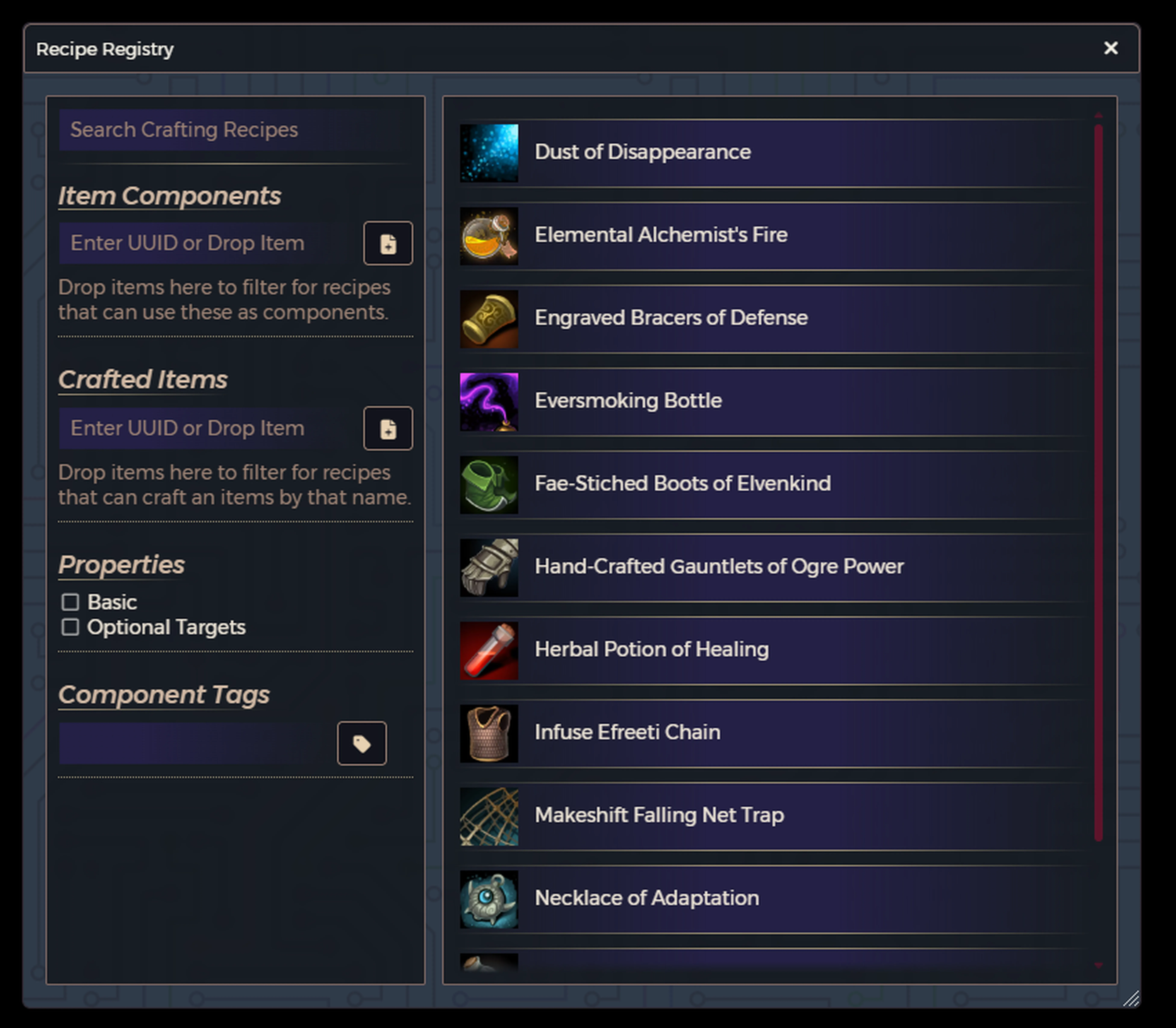 The registry shows aggregated recipes from all Item compendiums.