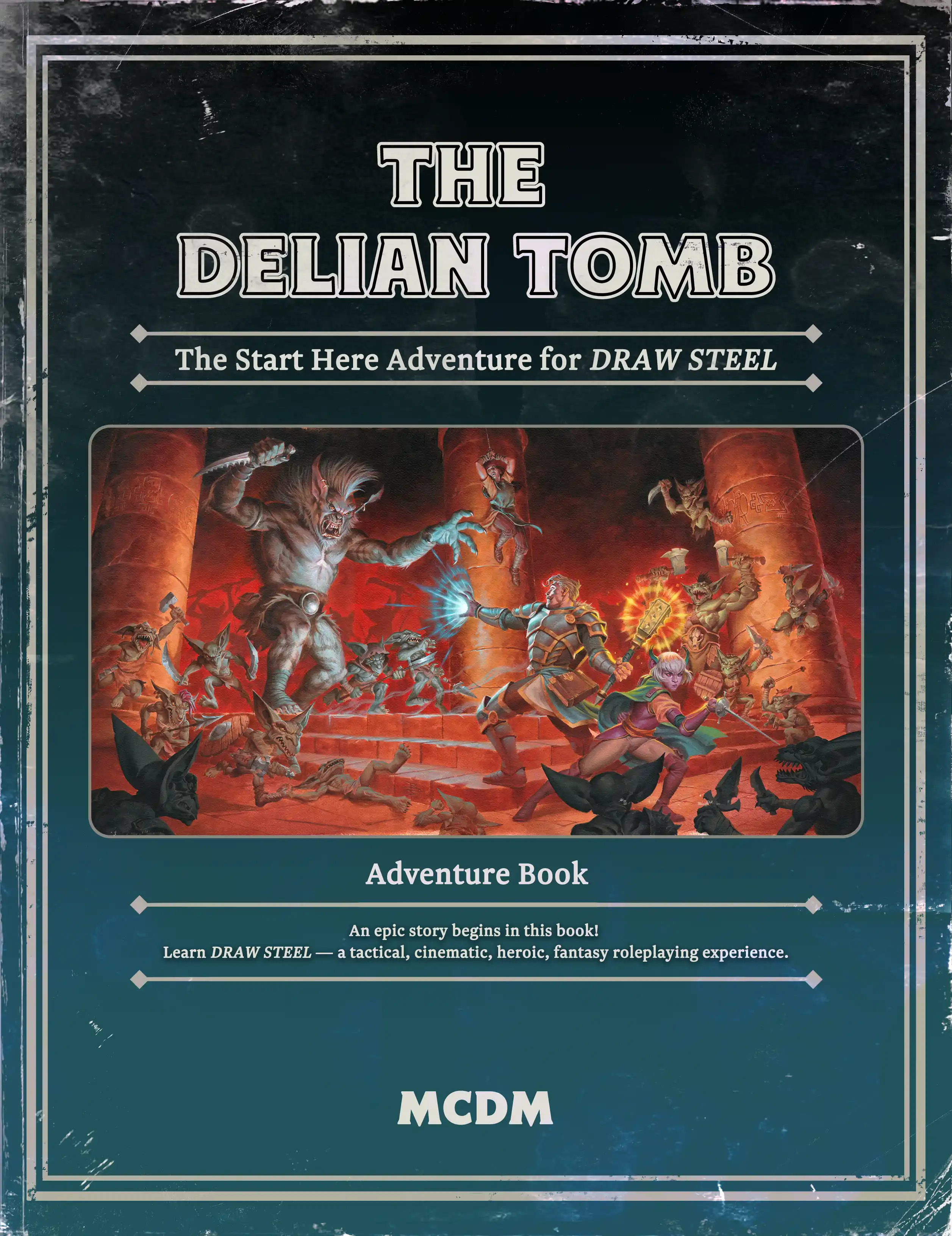 The cover image for The Delian Tomb, styled like a B/X adventure. The central image features a party of adventurers battling against a bugbear and horde of goblins in a red-tinted room with imposing stone pillars.