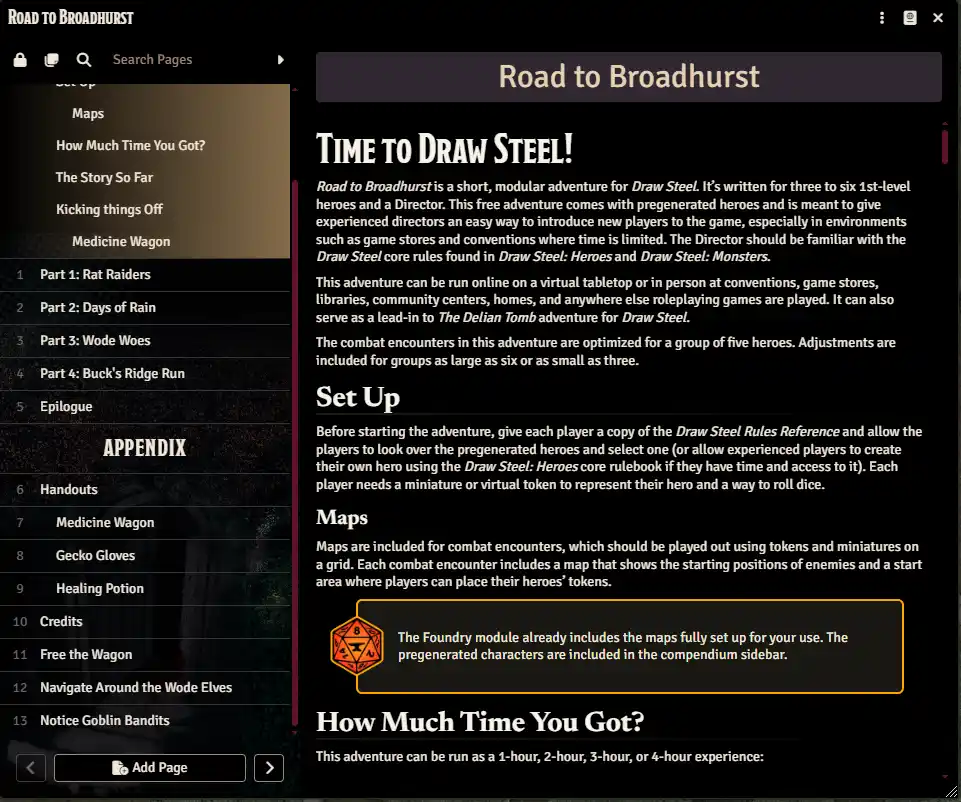 Dark mode screenshot of the opening journal section