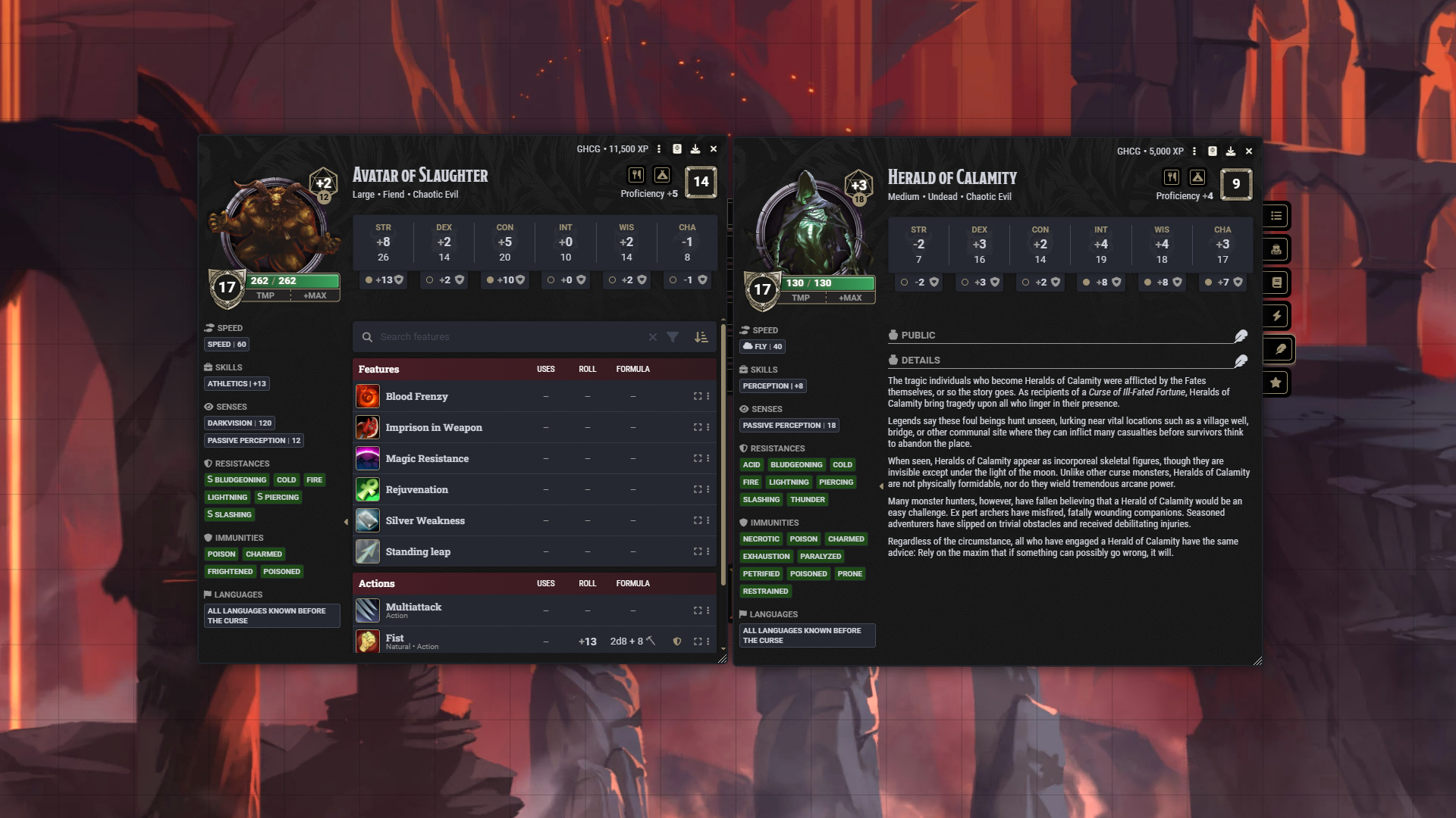 A screenshot of the Avatar of Slaughter and Herald of Calamity monsters