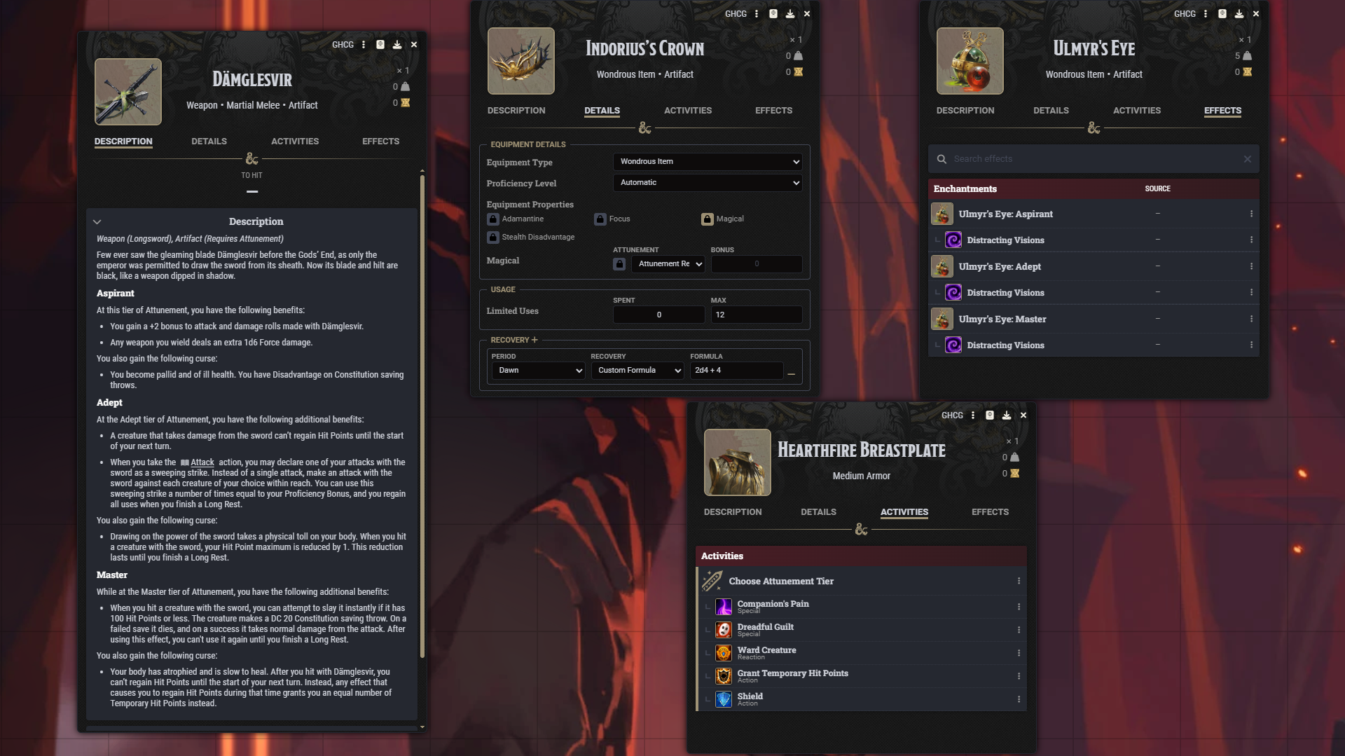 A screenshot of the four artifacts showcasing different tabs of the item sheet