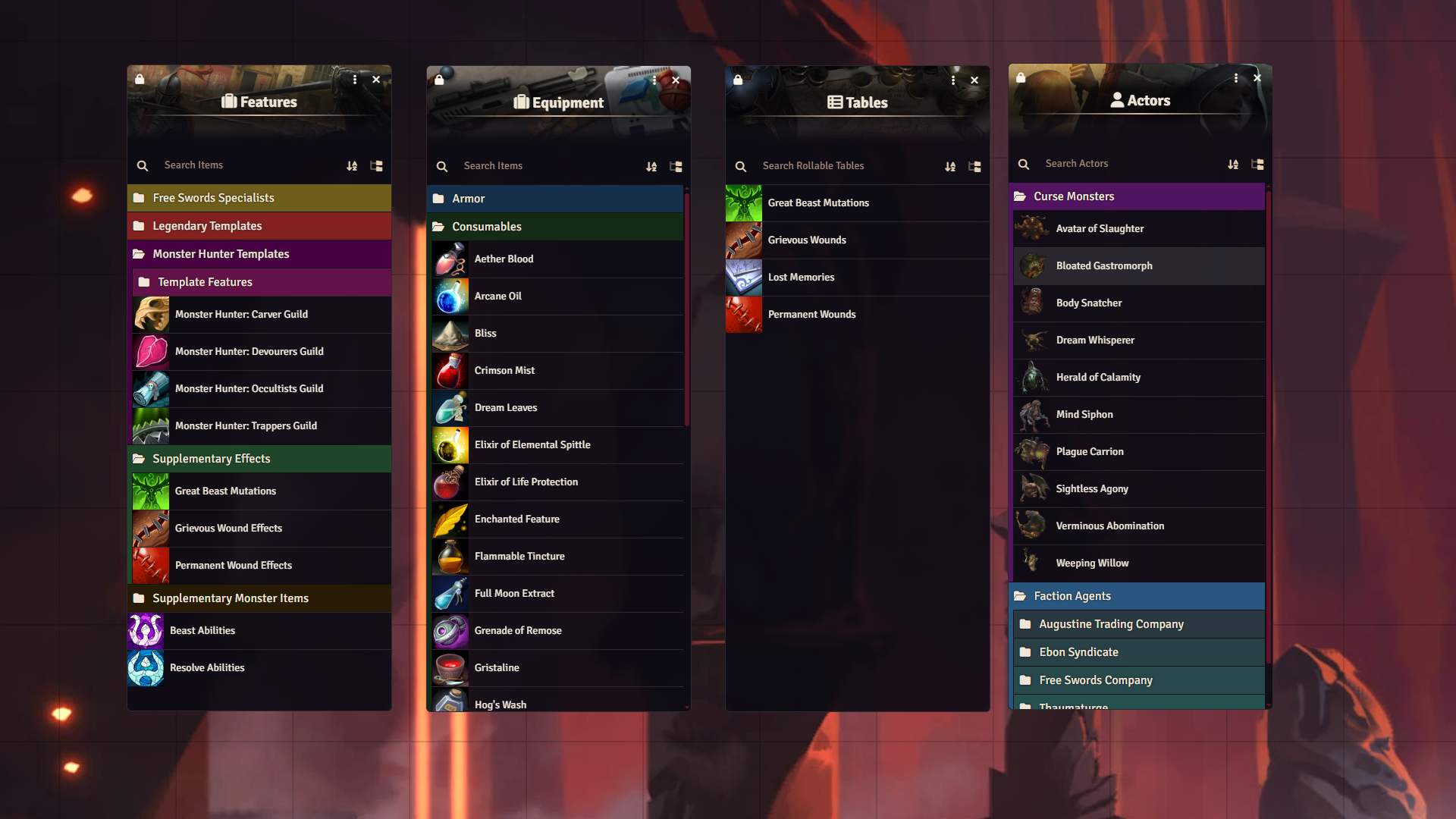 A screenshot of the features, equipment, tables, and actors compendiums
