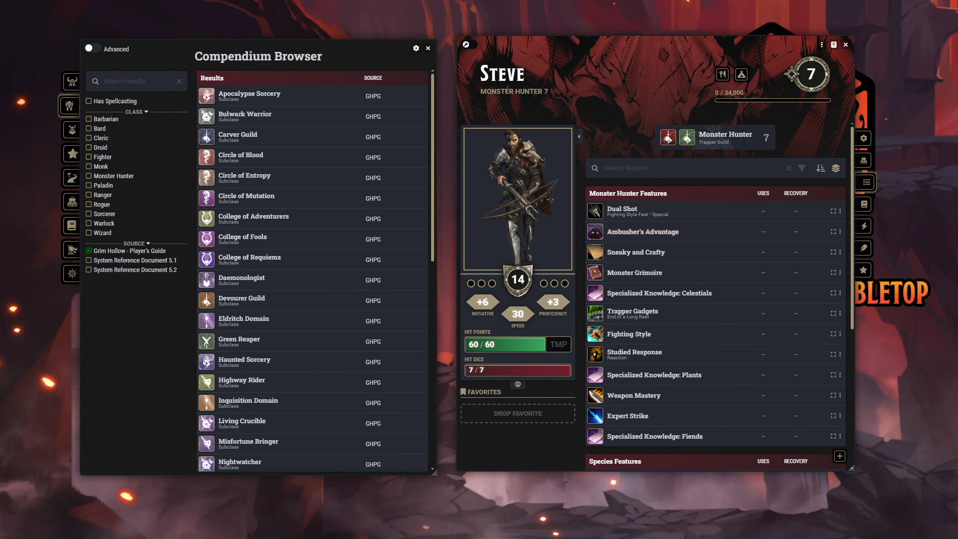 A screenshot of the subclasses in the compendium browser and a PC named 'Steve' built using the Monster Hunter class
