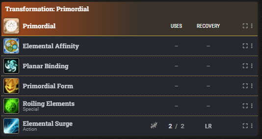 A screenshot of the primordial transformation on the character sheet